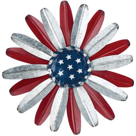 PRICES MAY VARY. Exclusively crafted of durable galvanized metal with twisted metal detailing, a starry blue center and 3D petals in silver and red This unique piece of wall art adds a pop of patriotic style wherever you place it, indoor or out Wall hanging measures 14" diameter and includes a triangle hook A versatile year-round piece by Fox RiverTM Creations Blooming with American pride and artful style, this Metal Patriotic Flower Wall Hanging by Holiday PeakTM is that versatile decoration yo American Flag Wall Hanging, Metal American Flag, Blue Decorations, Tin Can Flowers, Patriotic Flowers, Metal Flower Wall Art, Flag Wall Hanging, American Flag Wall, Outdoor Artwork