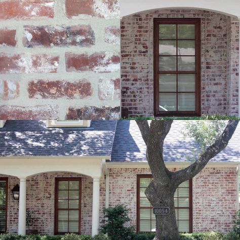 Light red brick with medium mortar wash Red Brick White Mortar Exterior, Limewash Red Brick Exterior Before And After, Old World Brick Exterior, Mortar Wash, Heavy Mortar Brick Exterior, Mortar Washed Brick Exterior, Red Brick Exteriors, Painted Brick Exteriors, Painted Brick Fireplaces