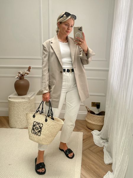 Stone Blazer Outfit, Stone Outfit, Beige Stone, Braided Sandals, Basket Bag, Blazer Outfits, Lady Dior Bag, Black Blazers, Smart Casual