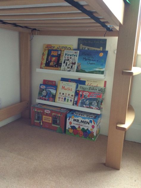 IKEA Ribba picture ledges used to create bookshelves and a mini reading corner under a mid sleeper bed. Reading Corner Under Bed, Under Mid Sleeper Bed Ideas, Mid Sleeper Bed Ideas Boys, Under Cabin Bed Den Ideas, Diy Mid Sleeper Bed, Den Under Bed, Midsleeper Bed Ideas For Kids, Mid Sleeper Girls Room, Ikea Mid Sleeper