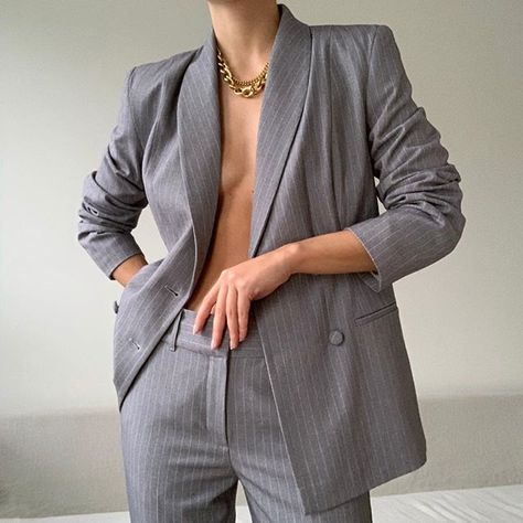 Swedish Fashion, Fashion Institute, Gray Suit, Tailored Blazer, Mixing Fabrics, Fine Fabric, Cinched Waist, Covered Buttons, Black Blouse