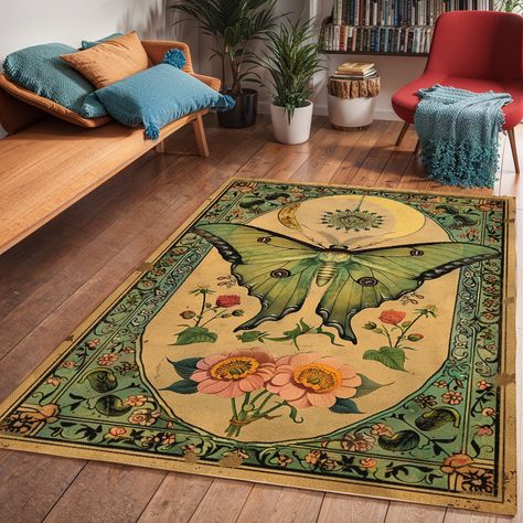 Add a touch of nature's beauty to your home with our Floral Green Luna Moth Area Rug. This butterfly-themed rug features intricate luna moth designs surrounded by vibrant floral patterns, perfect for enhancing any space. Ideal for a cottagecore living room or a butterfly-themed bedroom, this art deco carpet brings a cozy and whimsical atmosphere to your decor. Whether you're looking to elevate your own home or searching for a unique animal print area rug, this stunning piece is sure to impress. Multi Rug Bedroom, Fairycore House Decor, Art Deco Cottagecore, Cool Carpets Bedrooms, Living Room Nature Theme, Woodsy Living Room Cozy, Japanese Aesthetic Home, Whimsical Apartment Decor, Cottagecore Rugs