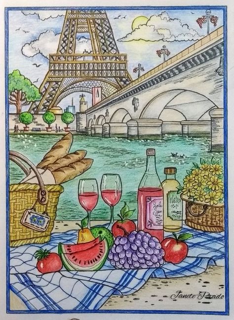 Easy Drawings Sketches Colorful, Creative Haven Wish You Were Here! Coloring Book, Wish You Were Here Coloring Book, Teresa Goodridge Coloring Pages, Beautiful Scenery Drawing, Paris Drawing, Teresa Goodridge, Creative Haven Coloring Books, Seni Pastel