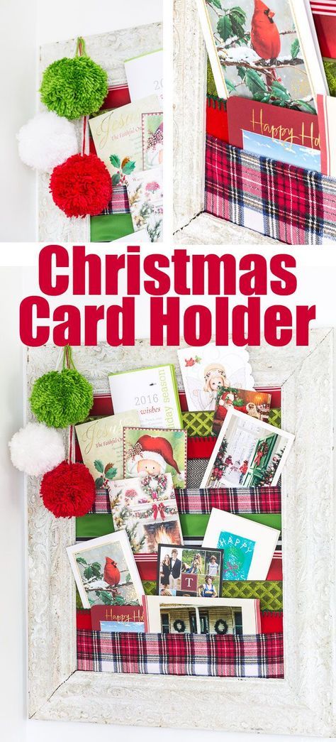 DIY Christmas card holder to display holiday cards all season long. Christmas decorating ideas and crafts. #christmas #ChristmasCards #CardHolder #Ribbons #HolidayDecor #HolidayCrafts Christmas Card Holder Diy, Xmas Card Holder, Diy Christmas Card Holder, Christmas Upcycle, Christmas Card Holder Display, Greeting Card Holder, Card Holder Diy, Diy Christmas Card, Christmas Card Holder