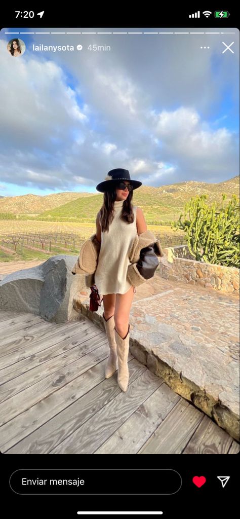 Vineyard Outfit Cowboy Boots, Tequila Mexico Outfit Women, Cold Wine Tasting Outfit, Cowgirl Winery Outfit, Country Winery Outfit, Tequila Outfit Ideas, Dress And Cowboy Boots Outfit Winter, Vineyard Winter Outfits, Country Classy Outfits