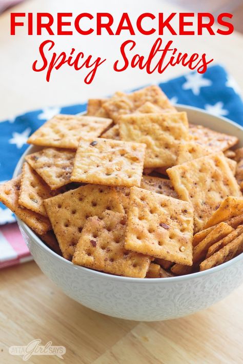 Spicy Firecracker crackers, made with Saltine crackers, are a fiery, crispy party appetizer. Dip the hot, spicy crackers in Ranch dressing or crumble them on top of your favorite chili recipe.