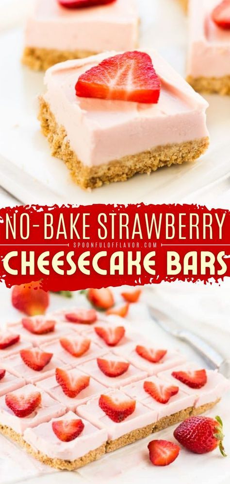 Strawberry Cheesecake Bars Recipes, Graham Cracker Dessert, Cracker Dessert, No Bake Strawberry Cheesecake, Easy Strawberry Cheesecake, Strawberry Cheesecake Bars, Strawberry Cheesecake Recipe, Baked Recipes, Cheesecake Bar Recipes