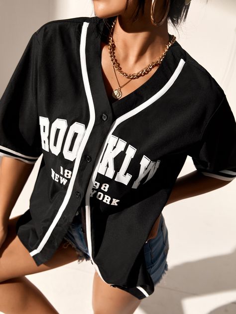 Black Casual  Half Sleeve Polyester Letter Shirt Embellished Non-Stretch Summer Women Tops, Blouses & Tee Baseball Shirt Outfits, Baseball Shirt Outfit Women, Baseball Style Outfits, Baseball Jersey Outfit Women, Baseball Shirt Outfit, Baseball Shirt Designs, Letter Shirt, Black Button Up Shirt, Blouse Back Neck Designs