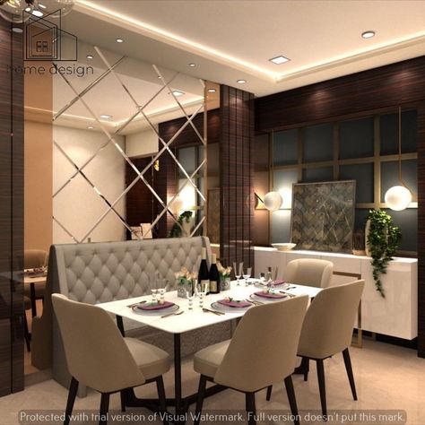 Mirror Panelling Dining Area, Apartment Dining Room Small Decor, Mirror Panelling Wall Dining Room, Dining Area Mirror Wall Design, Dining Area Partition Ideas, Dining Zone Living Rooms, Plush Door Design, Mirror Panelling Wall Living Rooms, Mirror Wall In Dining Area