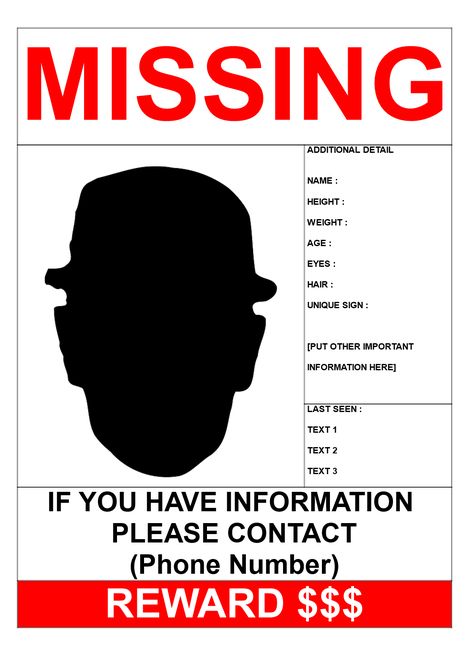 Missing Person Template with Reward A3 Size - Download this Missing Person poster A3 template if you are looking for a missing person and need help from other people in your search to find him/her. Missing Paper Poster, Missing Persons Poster, Missing Illustration, Missing Poster Template, Missing Person Poster Template, Missing Person Poster, Person Template, Missing Poster, Office Halloween