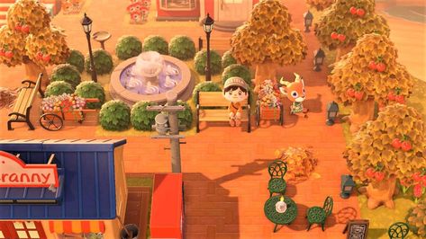 Acnh Town Square, Autumn Town, Map Layout, Island Map, Island Decor, New Animal Crossing, House Outside Design, Town Square, Animal Crossing Game