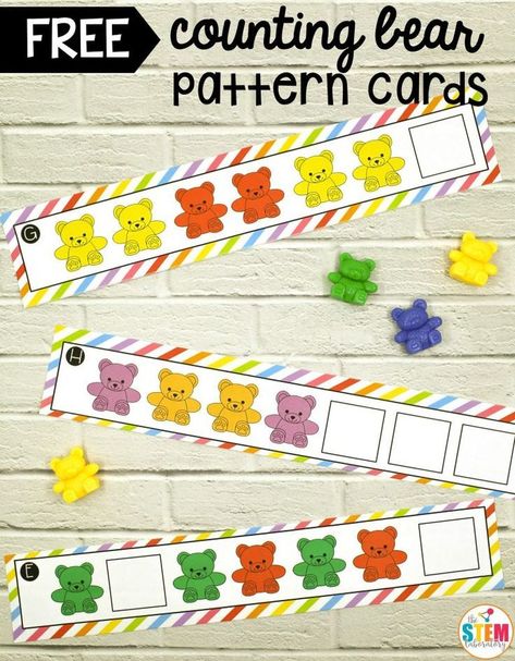 Free Counting Bear Pattern Cards! Great way to work on colors and patterns in preschool and kindergarten. #preschool #kindergarten School Diy Ideas, Counting Bears, Preschool Patterns, Pattern Cards, Math Patterns, Prek Math, Pattern Activities, Pre K Activities, Math Activities Preschool