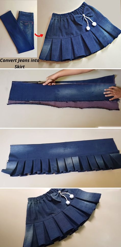 How Make A Skirt, Convert Jeans To Skirt, How To Repurpose Clothes, Upcycled Kids Clothes, Diy Jean Skirt From Jeans, Skirt From Jeans Diy, How To Sew A Skirt, Skirt Out Of Jeans, Denim Skirt Ideas