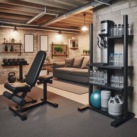 Basement Gym Ideas Living Room Home Gym Combo, Workout Living Room Design, Game And Gym Room, Gym Colour Scheme, Basement Gym Makeover, Finished Basement With Gym, Garage Office And Gym Ideas, Personal Training Studio Design Ideas, Home Gym Family Room Combo