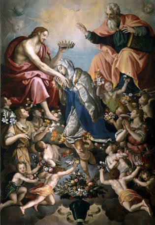 The Coronation of the Virgin, by Alessandro Allori in 1593 is a painting which I could stare at all day. This is a very large creation about 12'x15'. Look at all the lovely depictions of the flowers and EACH one had a meaning in relation to the Virgin Mary..... Salve Regina, Bible Artwork, Virgin Mary Statue, Queen Of Heaven, Catholic Images, The Coronation, Blessed Mother Mary, Religious Images, Art Gallery Wallpaper