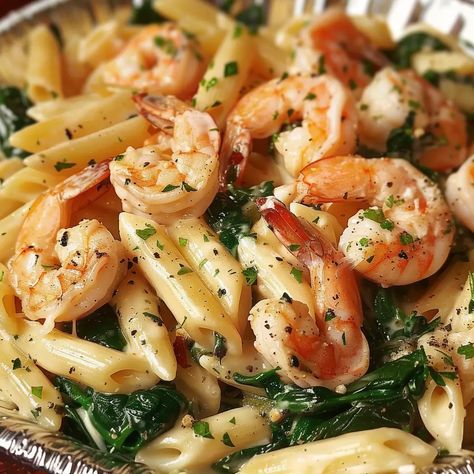 Cheese Shrimp Penne Pasta & Spinach Cheese Shrimp Penne Pasta And Spinach, Shrimp Spinach Pasta Recipes, Shrimp Penne Pasta Recipes, Cheese Shrimp Penne Pasta, Shrimp And Spinach Pasta, Spinach Shrimp Pasta, Beef And Broccoli Sauce, Shrimp Spinach Pasta, Cheese Shrimp