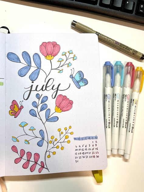 Bullet Journal July Cover, July Bullet Journal Ideas, July Bullet Journal Cover, Ide Journal, July Bujo, Project Border, July Bullet Journal, Calligraphy Business