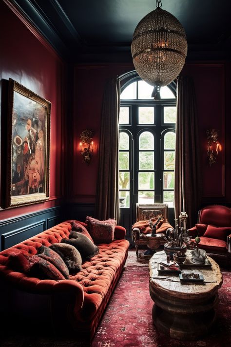 Crimson Living Room, Dark Red Walls Living Room, Rich Paint Colors Living Rooms, Wine Color Room, Dark Red Ceiling, Red And Brown Living Room Ideas, Dark Maroon Room, Dark Red Wall Color, Dark Red Living Room Walls