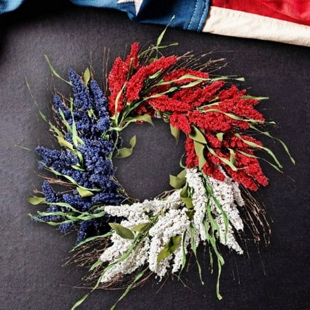 Patriotic Wreath for Front Door, Red White Blue Artificial Wreath for Wall American 4th of July Wreath Hanging Decorations Wreath for Independence Day Memorial Day Veterans Day Shape: Round Material: Straw Whether it can be customized: no size :Diameter 45cm  Natural Materials --- The 4th of July garland decoration is hand-woven using traditional rattan and PVC materials. Not easy to fade, durable.  Independence Day Decoration --- Patriotic garland decoration can be hung indoors and outdoors, front door, living room, fireplace, cabinets, walls, windows, shelves and many other places. Celebrate July 4th, Memorial Day or any time of the year.  High Quality Door Wreath---This Patriotic Red White and Blue Rice Ear Sun group Decorative Door Hanging Garland is made of lots of rattan with berry r July 4th Wreaths For Front Door, 4th Of July Garland, Fireplace Cabinets, Patriotic Garland, Themed Wreaths, Mesh Door Wreaths, Front Door Living Room, Blue Rice, Patriotic Flowers