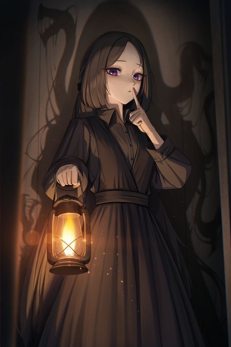 Long Dress Long Sleeves, Shadow Dress, Dark Brown Long Hair, Holding Lantern, Brown Hair Bangs, Flare Long Dress, Lantern Drawing, Lantern Art, Parted Bangs