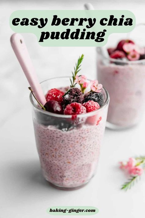 Two glasses filled with mixed berry chia pudding and topped with frozen mixed berries. Chia Breakfast Recipes, Frozen Berries Recipe, Berry Chia Seed Pudding, Raspberry Chia Seed Pudding, Chia Seed Pudding Coconut Milk, Best Chia Pudding Recipe, Chia Breakfast Pudding, Chia Seed Yogurt, Mixed Berry Dessert