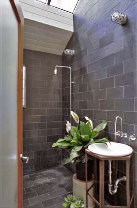 Black Tile Bathroom Floor, Slate Bathroom Tile, Carla Aston, Slate Bathroom, Slate Shower, Black Tile Bathrooms, Top Bathroom Design, Slate Wall, Downstairs Bathroom