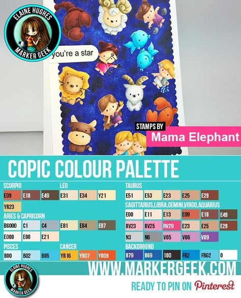 Copic Combos, Cosmic Stars, Marker Ideas, Copic Tutorials, Aries And Capricorn, Arc Notebook, Mama Elephant Stamps, Alcohol Ink Markers, Copic Ciao