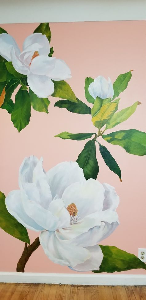 Magnolia Baby Nursery, Magnolia Nursery Theme, Magnolia Tree Art, Tree Wall Painting Ideas, Magnolia Mural, Tree Wall Painting, Exterior Murals, Wall Murals Diy, Flower Mural