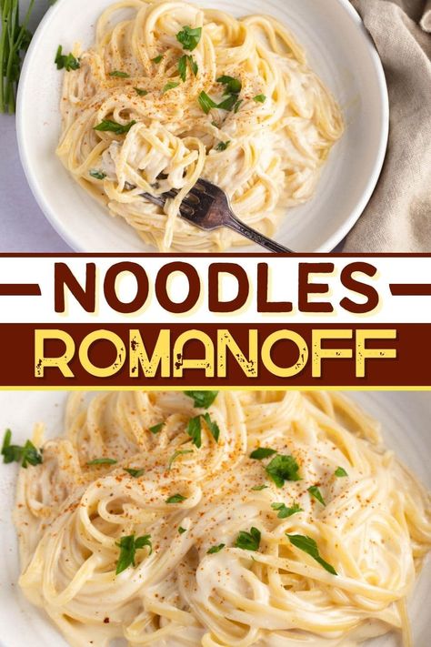 Try this recipe for noodles Romanoff for a dish the family will adore! Made with a few simple ingredients and lots of cheese, this dish is comfort food at its best! Spaghetti Noodle Side Dish, Pasta And Eggs Recipe, Diy Pasta Roni, Speggetti Noodles Recipe, German Egg Noodle Recipes, Cheese Noodles Recipes, No Yolk Noodle Recipes, Roman Noodle Recipes, Noodles Romanoff Recipe