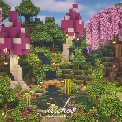 Fairy Village Minecraft House, Garden Inspo Minecraft, Cute Minecraft Aesthetic Builds, Fairycore Minecraft Village, Fairy Minecraft House Ideas, Minecraft Ideas Fairycore, Fairy Mushroom Minecraft, Enchanted Village Minecraft, Aesthetic Village Minecraft