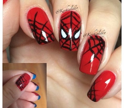 SpiderMan mani Spider Man Nails Short, Spider Man Nails, Spiderman Nails, Spider Nails, Marvel Nails, Man Nails, Spiderman Tattoo, 2022 Nails, Nails Short Square