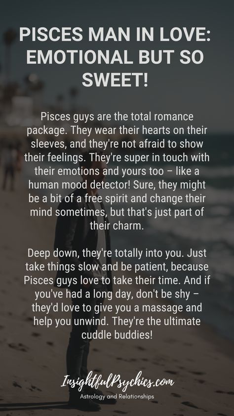 Pisces men are sensitive dreamers who love romance. They need a patient partner who can handle their gentle, sometimes unpredictable nature. In return, you get a deeply caring sweetheart! : #Pisces #watersign #dreamer #romance #sensitive #piscesman #piscesmen All About Pisces Men, Pisces Traits Men, Pisces Man Scorpio Woman, Pisces Husband, Pisces Men Facts Relationships, Pisces Gemini Compatibility, Pisces Man Traits, Pisces Men In Love, Pisces In Love