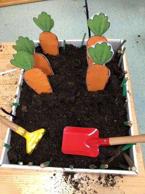 Gardening Ideas For Kids, Farming Activities For Toddlers, Cardboard Vegetables, Toddler Garden Ideas, Vegetables Kindergarten, Vegetable Activity For Kids, Carrot Garden, Farm Vegetables, Farm Activities Preschool