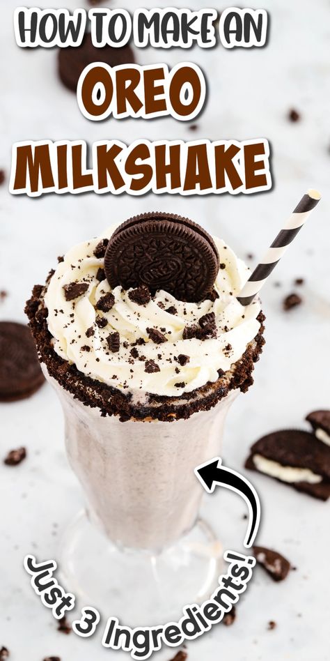 This OREO Milkshake recipe not only tastes amazing, but with just ice cream, milk and OREO cookies, it's super easy dessert to make too! It's the perfect frozen treat for a hot summer day (but we won't tell if you drink it all year). #oreomilkshake #oreomilkshakerecipe #milkshake #frozendessert #easydessert #oreodessert #desserts Homemade Milkshake Recipe, Oreo Smoothie, Oreo Milkshake Recipe, Yummy Milkshake Recipes, Super Easy Dessert, Cookies And Cream Milkshake, Cookie Milkshake, Milkshake Recipe Easy, Homemade Milkshake