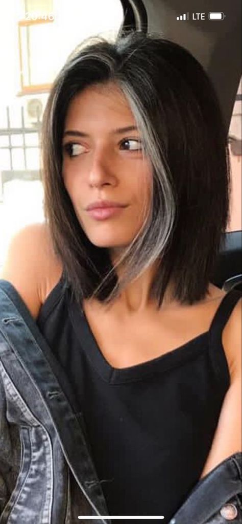 Grey Front Streak Hair, Grey Hair Streaks Silver, Black Hair Gray Streak, Brown Hair Grey Streak, Dark Hair Grey Streak, Hair Color Ideas For Black Hair Going Grey, Dark Hair With Grey Streak, Natural Grey Streaks In Dark Hair, Grey Streak In Hair