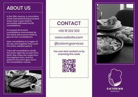 Monocolor Catering Services Brochure Services Brochure, Free To Edit, Celestial Sphere, Monochromatic Color Palette, Free Brochure Template, Brand Kit, Star Map, Catering Services, Editing Tools