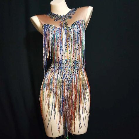 Tassel Bodysuit, Rhinestone Leotard, Dance Team Costumes, Team Costumes, Pole Dancing Clothes, Dancer Costume, Bodysuit Costume, Night Club Dress, Dancers Outfit