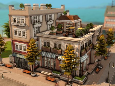 Appartement New York, Sims 4 Restaurant, Sims 4 City Living, Tiny Beach House, Sims 4 Stories, The Sims 4 Lots, San Myshuno, Muebles Sims 4 Cc, Sims 4 House Plans