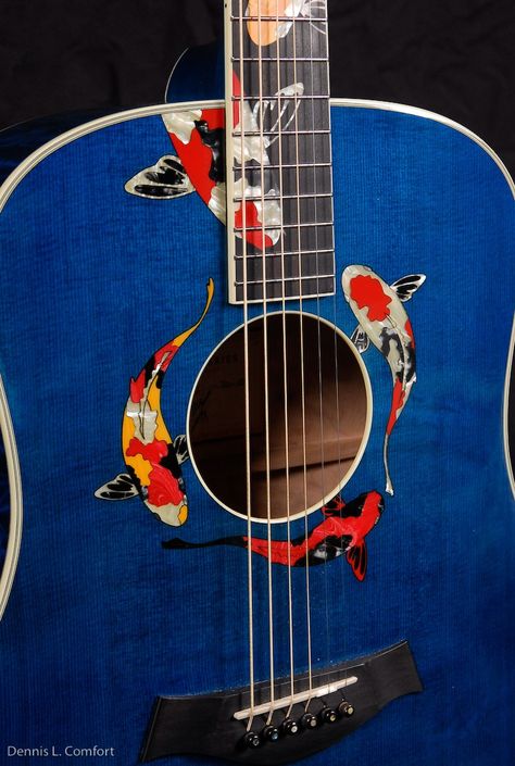 Taylor Guitars ~ Gallery Series Living Jewel ~ "Koi" this is Taylor Swift's custom guitar. Not a fan of her, but this is a nice guitar. Taylor Swift Koi Fish Guitar, Koi Fish Guitar, Repurposed Instruments, Paint Guitar, Painted Ukulele, Taylor Swift Guitar, Custom Acoustic Guitars, Ukulele Design, Ukulele Art