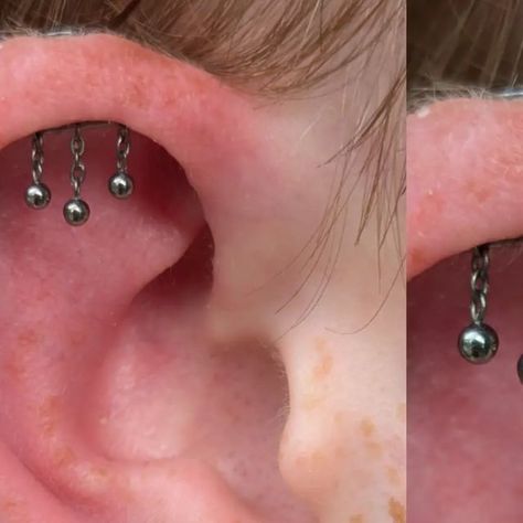 Kim Hutchinson on Instagram: "Hidden Helix Piercings are suuuper popular at the moment! You need a pronounced helix fold for these to work, and so fall into the 'anatomy dependent piercings' category. This beauty was done by me with a plain barbell (nothing dangly is recommended for fresh piercings!) a while ago, and it was time for the 'goal jewellery'! We kept the classic look of beaded attachments going with this gorgeous piece form @ticouturejewellery 😻 

#hiddenhelix #hiddenhelixpiercing #piercingchain" Upper Helix Piercing, Hidden Helix Piercing, Helix Piercings, Double Helix, Helix Piercing, Helix, Classic Looks, Anatomy, To Work