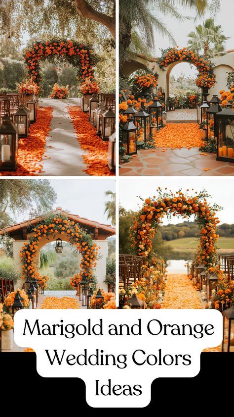 Marigold and orange wedding ceremony decor featuring floral arches, aisle runners, and lanterns filled with orange blooms. Marigold Centerpiece Wedding, Marigold Flower Wedding, Marigolds Wedding, Marigold Wedding Decoration, Orange Wedding Theme, Marigold Wedding, Orange Wedding Themes, Floral Arches, Orange Wedding Colors