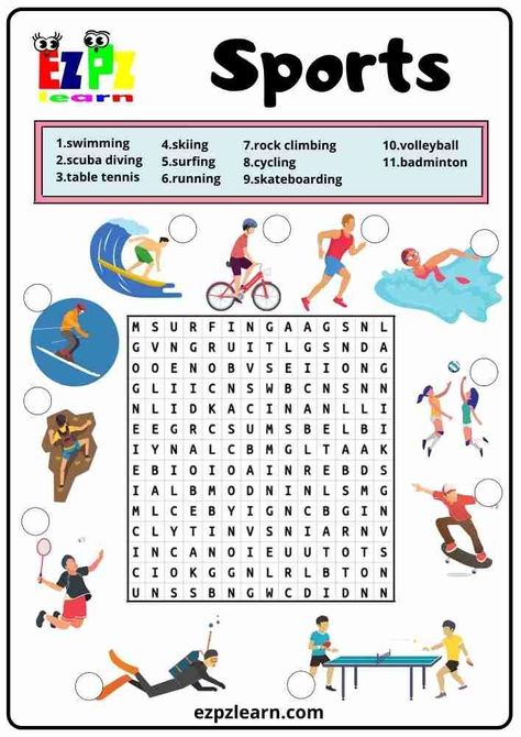 Free Printable Word Search Worksheets For Kids Topic Sports Kindergarten Preschool Game Sport Worksheets For Preschool, Sports Worksheets For Kids, Sports Word Search, Sports Crossword, Sports For Kids, Word Puzzles For Kids, Sport English, Free Printable Word Searches, Printable Sports