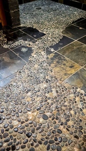 Mosaic Concrete Floor, Rock Shower Floor Ideas, River Rock Bathroom Floor, Rock Bathroom Floor, River Rock Bathroom, Rock Bathroom, River Rock Tile, Bg House, Oasis Bathroom