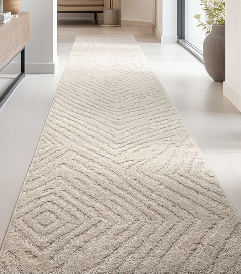 PRICES MAY VARY. Custom Runner Rug - Made to order runners allow you to decorate your extra long hallway, entryway and stairs with a runner rug that is custom-sized for your space. Embrace modern abstract style with a geometric pattern rug in neutral colors that are sure to subtly elevate your decor! Texture Your Toes Will Love - Feel the beauty of plush, high-low cut-and-loop pile. With a dynamic texture you can see and touch, this rug is sure to add a tactile dimension to your space in the soo White Runner Rug, Long Hallway Runner, Bathroom Runner Rug, Geometric Pattern Rug, Long Hallway, Runner Carpet, Modern Color Palette, Textured Yarn, Well Woven