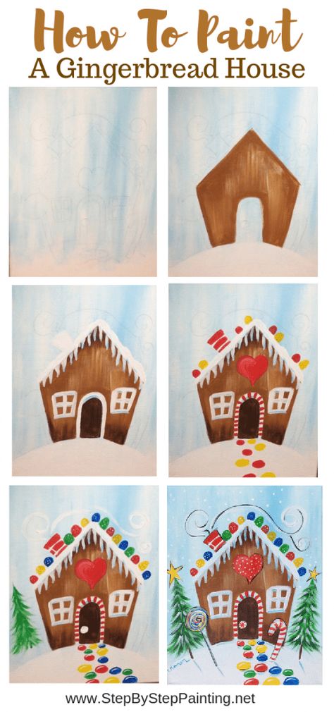 Learn to paint a gingerbread house step by step. This acrylic canvas painting tutorial is great for kids and includes a traceable of a gingerbread house. Kunst For Barn, Homemade Canvas, Diy Gifts For Christmas, Fashion Maker, Crafts For Teens To Make, Christmas Paintings On Canvas, Canvas Painting Tutorials, Kids Canvas, Holiday Painting