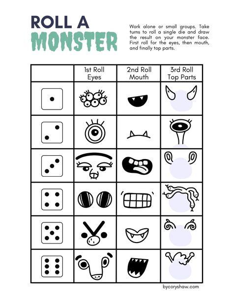 Free Printable Halloween Game for Kids: Roll A Monster Roll A Monster Free Printable, Roll A Monster Dice Game, Roll A Monster, One Minute Games, Small Binder, Illustration Software, Free Printable Halloween, Exquisite Corpse, Monster Games