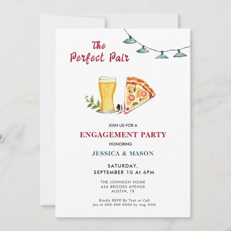 Beer and Pizza Perfect Pair Engagement Party  Invitation  Zazzle Fall Themed Engagement Party, Small Engagement Party, Engagement Party Bbq, Fun Engagement Party, Summer Engagement Party, Engagement Party Decorations Diy, Fall Engagement Parties, Backyard Engagement Parties, Engagement Party Themes