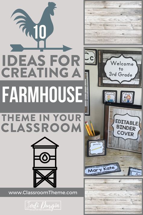 Rustic Farmhouse Classroom Theme Decor (think reclaimed wood, black & white buffalo plaid, mason jars, Magnolia flowers, plants & shiplap) is for elementary teachers in 1st, 2nd, 3rd, 4th, or 5th grade classrooms. Get ideas for bulletin board border, decorations door decor, labels, calendar set, organization & management tools with a calm aesthetic. Transform an elementary classroom, welcome students back to school or find easy DIY wall displays, free printables & editable bundles. Shiplap Classroom Theme, Farm Classroom Theme Decor Ideas, Farmhouse Classroom Decor Elementary, Grey Classroom, Farm Classroom Decorations, Cooking Classroom Theme, Farm Classroom Theme Decor, Patriotic Classroom Theme, Farmhouse Classroom Theme