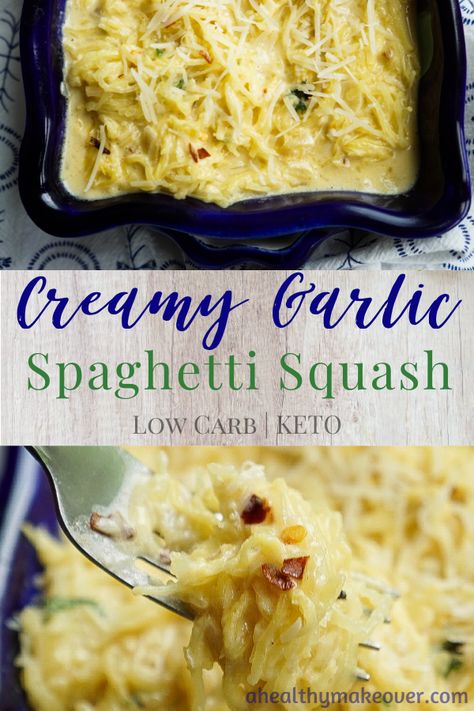 Creamy Garlic Spaghetti Squash | A Healthy Makeover Creamy Garlic Spaghetti Squash, Creamy Garlic Spaghetti, Garlic Spaghetti Squash, Spaghetti Squash Recipes Chicken, Spaghetti Squash Recipes Vegan, Spaghetti Squash Spaghetti, Healthy Squash Recipes, Spaghetti Squash Recipes Healthy, Spaghetti Squash Recipes Easy