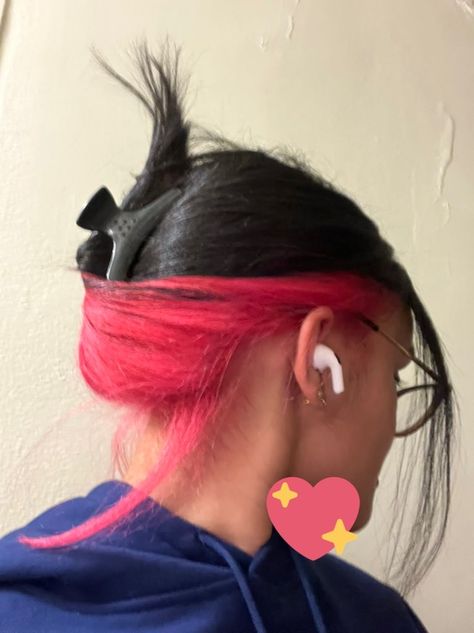 Underlayer Pink Hair, Underlayer Hair Dye Curly, Pink Peekaboo Hair Brown, Pink Underlayer Hair, Dyed Underlayer, Underlayer Hair Dye, Black Hair With Pink Underneath, Skunk Dye, Hot Pink Peekaboo Hair